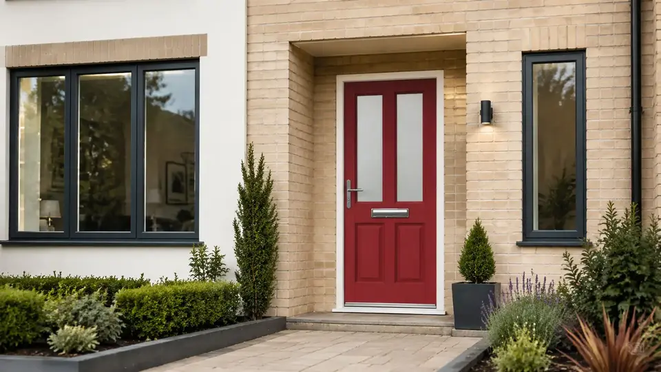 Ruby red Byron composite door shown on a traditional brick house