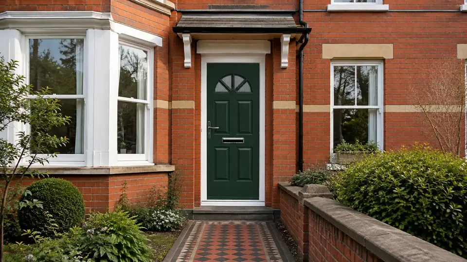 Emerald green Carolina composite door on a Victorian house with white windows