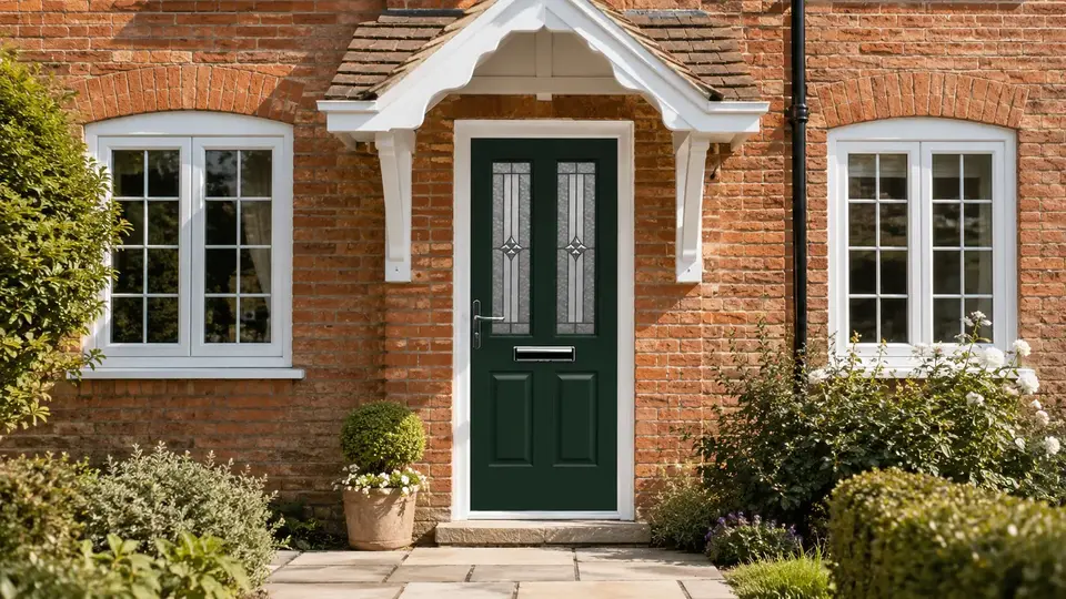 Emerald green Jacobean composite door with white windows