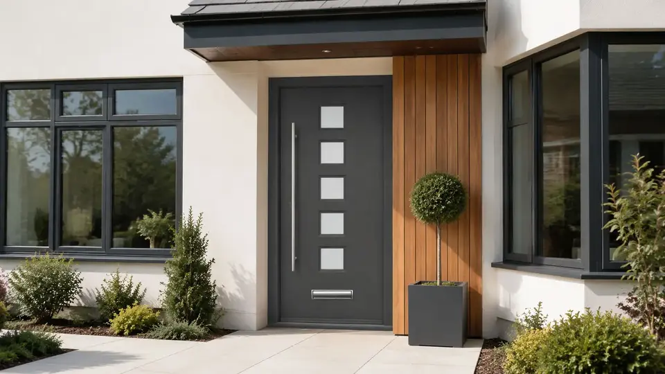 Slate grey Manhattan composite door on a modern home