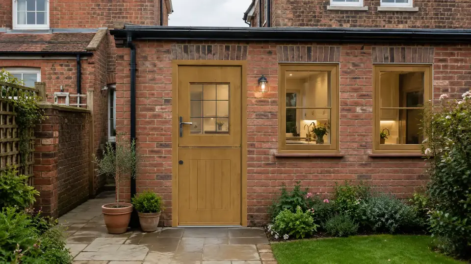 Light oak Stable View Light composite door opening into a rear kitchen