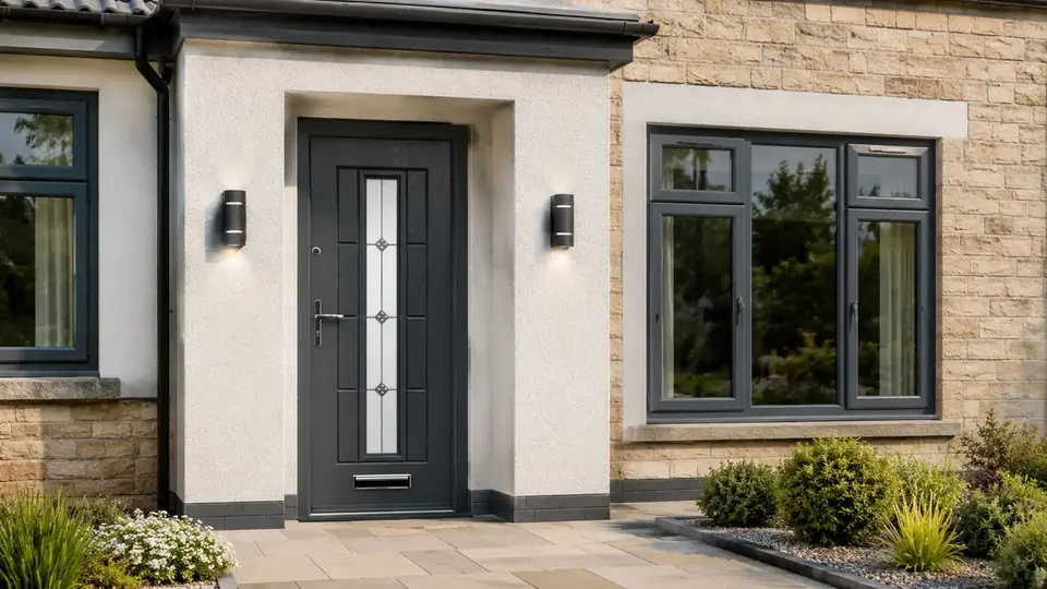 Vermont anthracite grey composite door on a modern rendered home