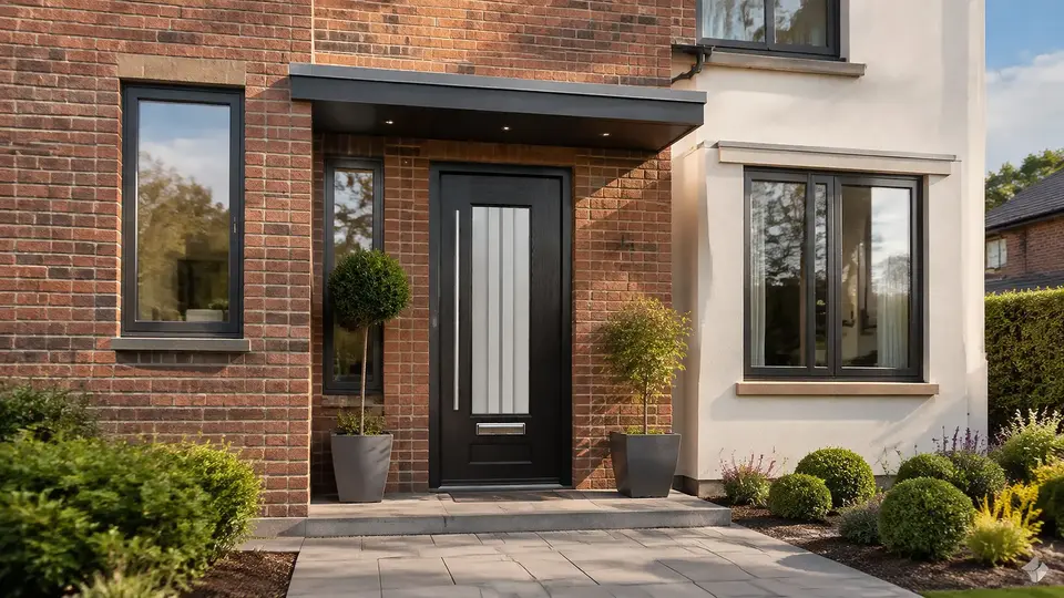 Black Vogue composite door on a modern British home