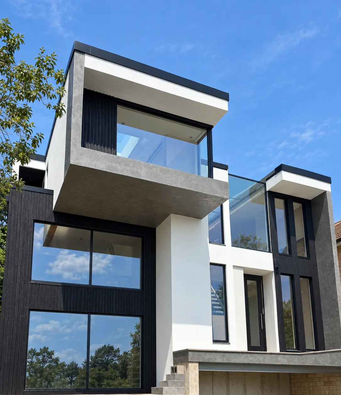 Full-height aluminium windows across the stepped front elevation of a contemporary house