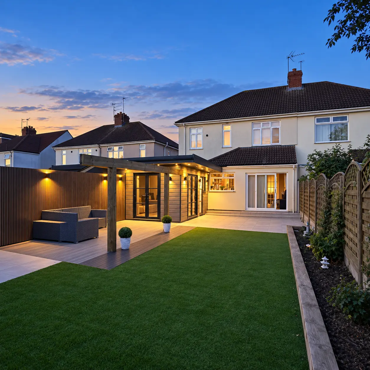 Finished garage conversion with heritage-style aluminium doors beside a landscaped garden