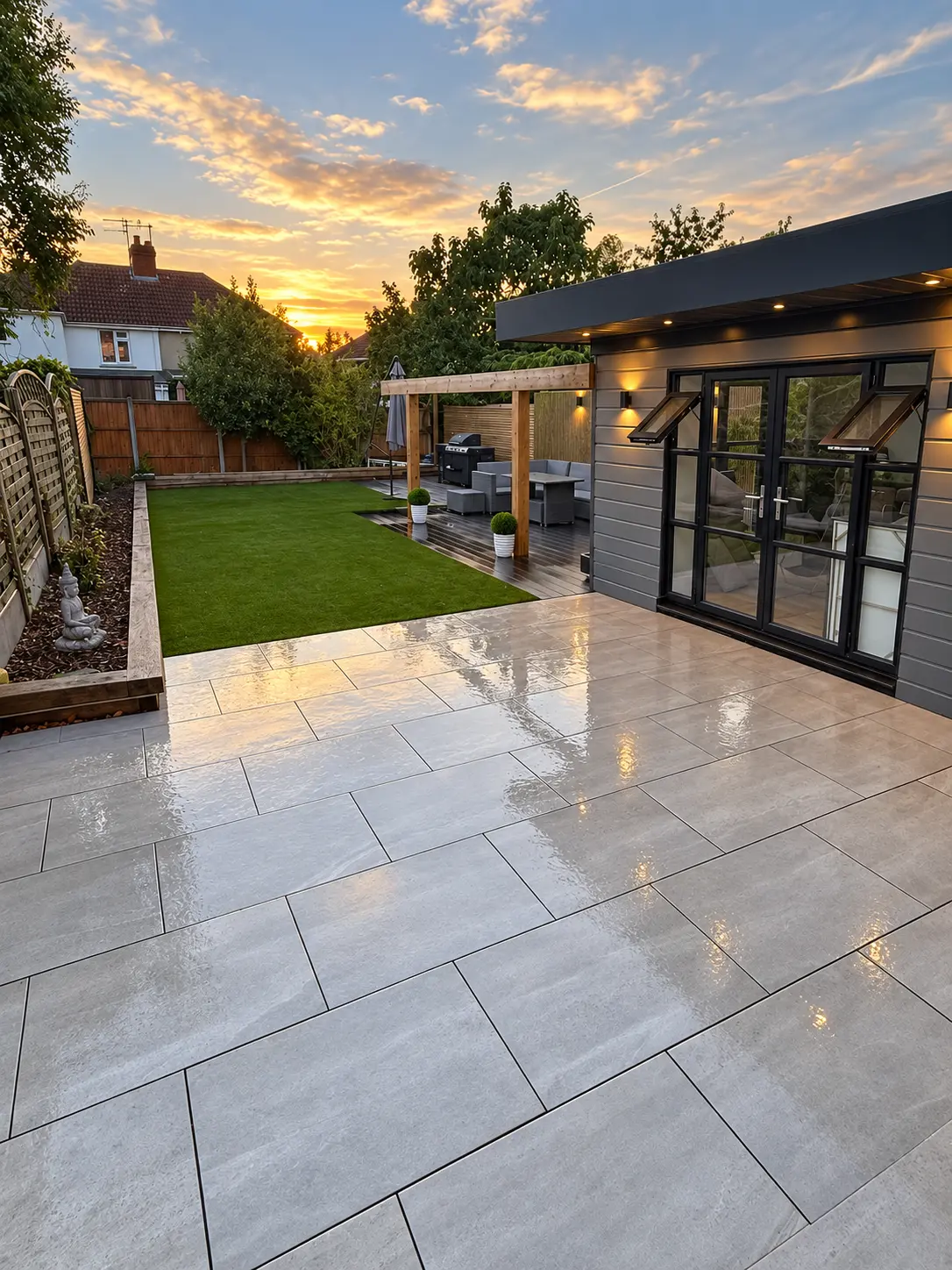 Anthracite-grey heritage-style aluminium doors and windows on the converted garage
