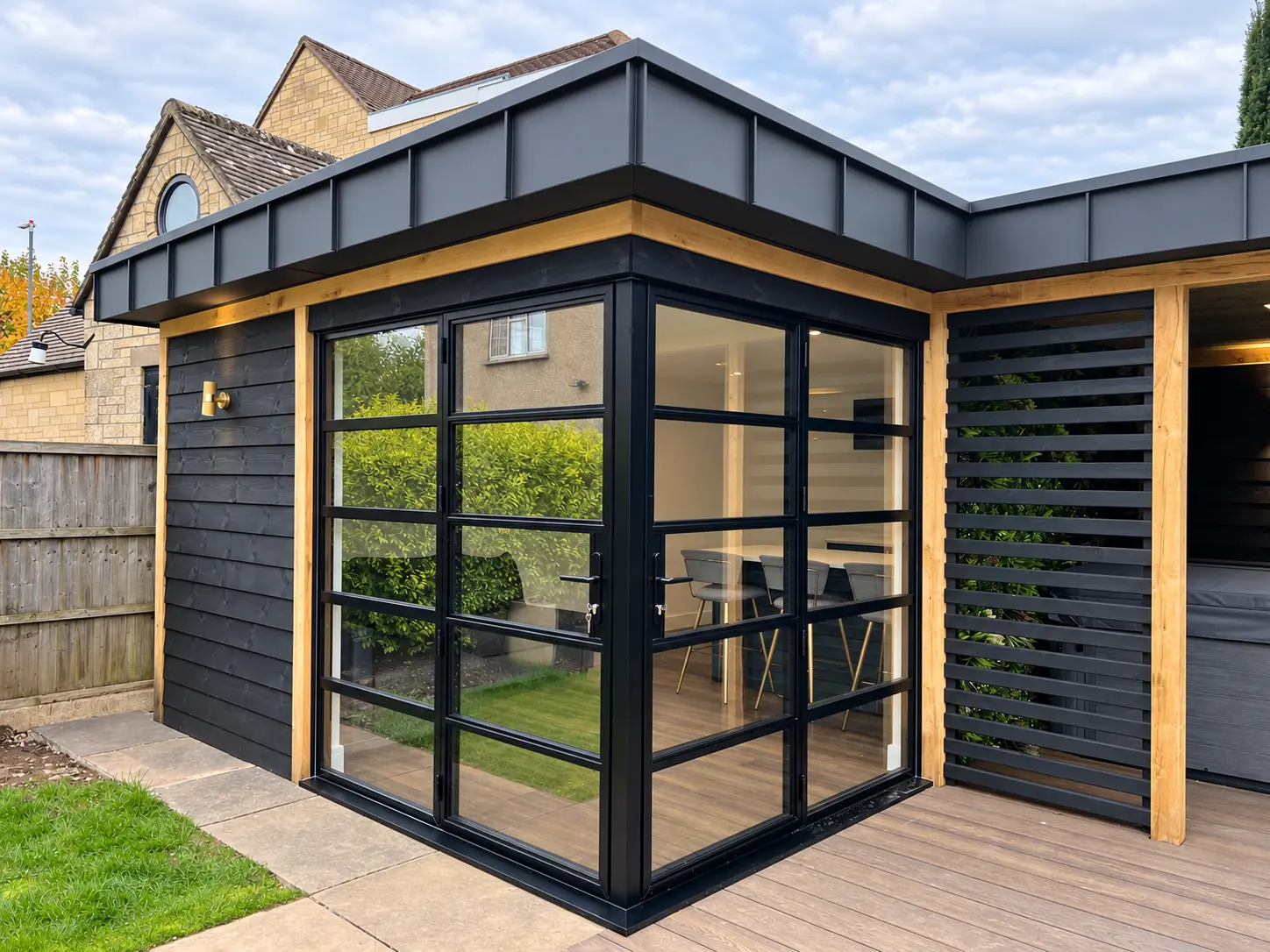 Close exterior view of jet-black heritage aluminium doors and windows set around a corner