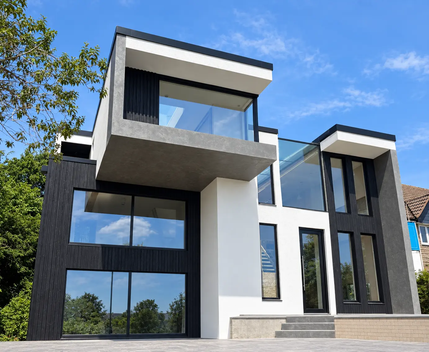 Ultra-modern home with large dark aluminium windows and doors