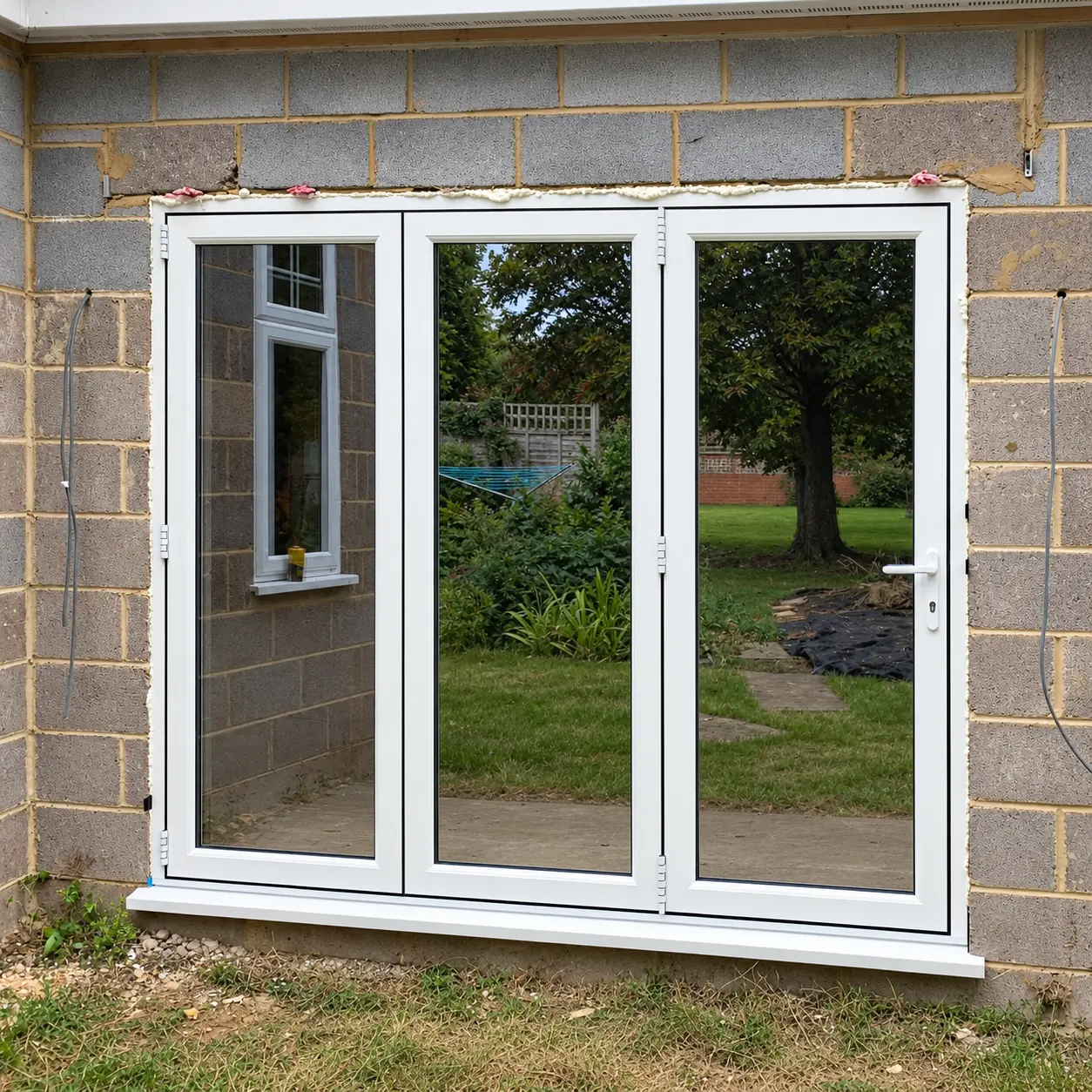 White three-panel bifold doors fitted into unfinished blockwork