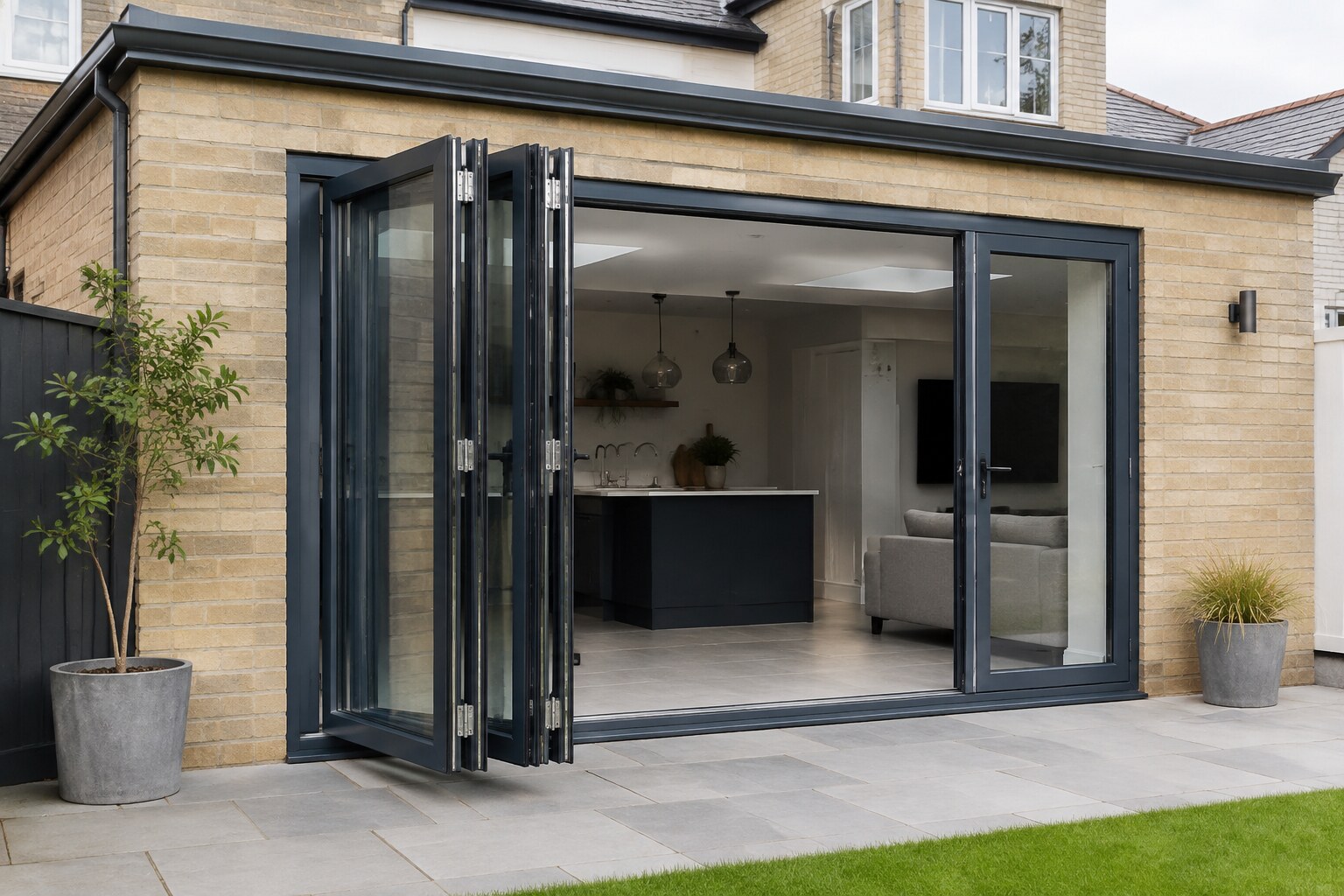 Four-panel aluminium bifold doors folding to one side