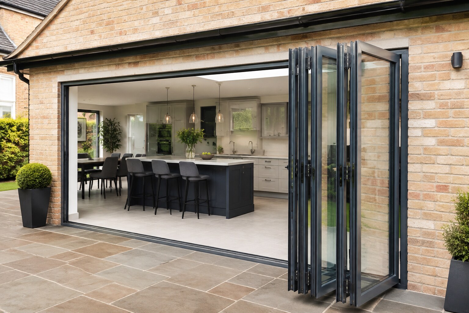 Anthracite aluminium bifold doors folded open onto a patio